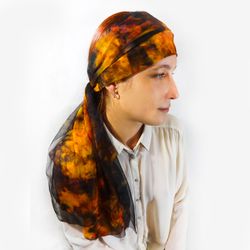 Painted silk scarf Hand dyed chiffon Red black fire gold orange Lightweight sheer long wrap skinny