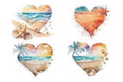 04 Files Of Beach Heart Summer PNG Hello Summer Clipart Watercolor Bundle