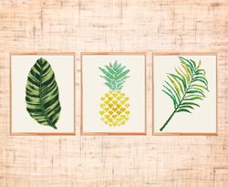 Set of three Tropical cross stitch pattern Modern cross stitch PDF Pineapple cross stitch Tropical leaves