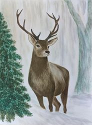 Deer illustration, Original animal art, Deer handmade drawing, Winter wall art, Scandinavian art Nordic art, Deer lovers
