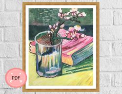 Cross Stitch Pattern,Almond Branch in a Glass with Book ,Vincent Van Gogh,Pdf Digital File,X Stitch Chart,Full Coverage
