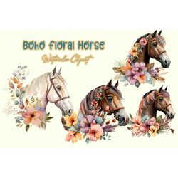 Boho Floral Horse Watercolor Clipart