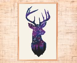 Space deer cross stitch pattern Animal cross stitch Galaxy Forest cross stitch