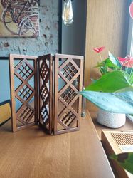 Folding mini screen/divider, wood frame. Decorated with kumiko