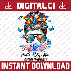 Blue Ribbon Butterfly Step Mom Messy Bun Autism Awareness PNG Sublimation Design