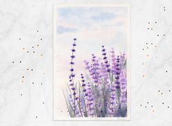 Lavender painting Sunset field Lavender field painting Meadow Original watercolor Painted postcard 4x6