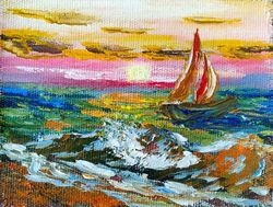 Seascape with Boat Art Nautical Painting Picture Seashore Painting 5*7 inch Sunset at Sea Art