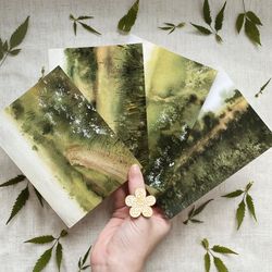 Foggy landscapes, set of 4 watercolor green cards