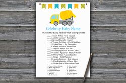 Construction Celebrity baby name game card,Concrete mixer Baby shower games printable,Fun Baby Shower Activity--375