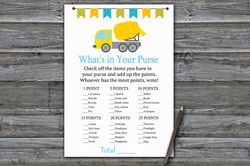 Construction What's in your purse game,Concrete mixer Baby shower games printable,Fun Baby Shower Activity--375