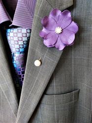 purple lapel pin, fiance boutonniere, wedding boutonniere, tuxedo boutonniere, flower lapel pin with a rhinestone