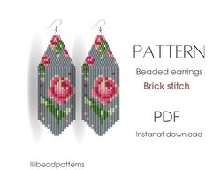 Botanic Beaded earrings PATTERN for brick stitch with fringe - Roses pattern - Instant download -  floral folk plants