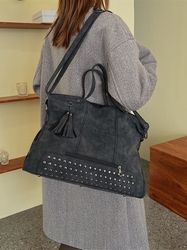 Womens Tassel & Studded Decor Top Handle Bag