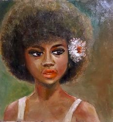 Beautiful girl with a white flower in her hair  Original art Oil painting 8*8 inch African women American Lady