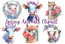 Spring Animals Clipart,Animals with flowers,PNG format instant download for commercial use,Alpaca,pig,cow