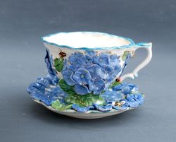 Flower tea set Blue hydrangea Embossed decor Botanical ceramics Plant prints teaset Beautiful cup and saucer Handmade