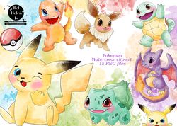Pokemon watercolor clip art,  Pokemon PNG download,  Pokemon download PNG, set 1