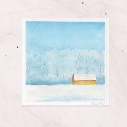 Mini painting 3x3 Yellow house painting Winter painting postcard Original watercolor painting Tiny painting