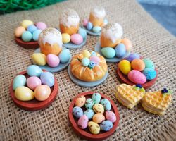 Dollhouse miniature Easter cake, colour eggs, sweets - 1/6, Barbie food