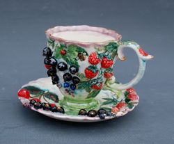 Art tea set Berries flowers Handmade botanical porcelain mug and a saucer raspberries, cherry currant, Decorative set