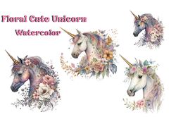 04 Files Floral Cute Unicorn Watercolor, Animal Png, Unicorn Lover Png