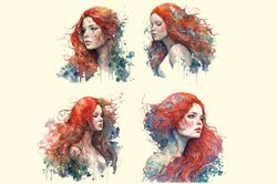 04 Files Of Mermaid Red Hair Watercolor, Mermaid Png