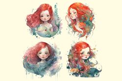 04 Files Of Red Hair Baby Mermaid Watercolor, Mermaid Png