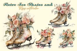 04 Files Retro Ice Skates and Roses watercolor, Retro Ice Skates