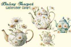 04 Files Daisy Teapot Watercolor Clipart, Daisy Teapot Sublimation