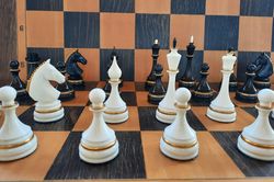 Beautiful plastic Soviet chess pieces set black white gold rimmed figures
