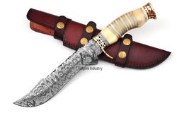 Empire Blade Smith Handmade Damascus Steel Bowie Hunting Knife, Camel Bone Handle, With Leather Sheath, Cowboy Bowie,