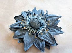 Light blue denim flower pin, Denim flower brooch, Denim accessory, Textile brooch, Denim brooch, Fabric flower brooch