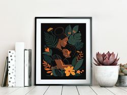 Black mom hugs daughter among tropical leaves and flowers printable poster, melanin art, african american art, digital