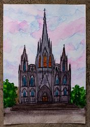 Cathedral of Barcelona original watercolor painting spanish architecture artwork gothic Cathedral wall art