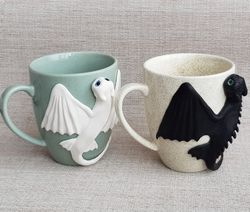 Dragons Couples Mug Set Cups Color Menthol and Ivory,Polymer clay Dragons sculpture White Black Mug Set Birthday gift