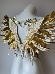 harness with wings, women's genuine leather harness, angel wings harness, white wings, black wings, whip and cake