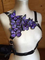 women's genuine leather harness  with butterflies,, leather harness, chest harness, whip and cake