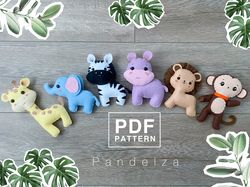Jungle animals set felt PDF Pattern. DIY hand sewing felt stuffed toy animals collection. Ornament/ baby mobile pattern