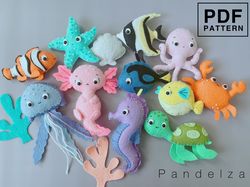 Sea animals PDF Pattern set of 12. DIY sea creatures softy toy/ ornament/ keychain/baby mobile/ nursery.