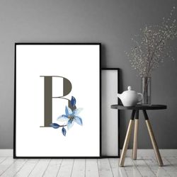 Letter B, Printable Art, Home Decor, Letter A Posters, Blue flower wall art