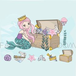 MERMAID TREASURES Cartoon Girl Travel Vector Illustration Set