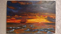 Sunset at Sea Painting Ship at Sea Picture Sea Waves Art 15*23 inch Seascape Oil Painting