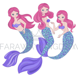 MERMAID TRIO Underwater Sea Cartoon Vector Illustration Set
