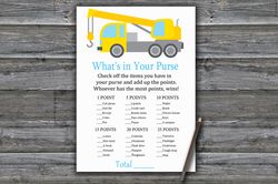 Construction What's in your purse game,Crane Baby shower games printable,Fun Baby Shower Activity,Instant Download-374