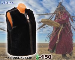 Sleeveless Vest of genuine fur sheepskin black color.  Handmade Fall warm waistcoat by Sofalee