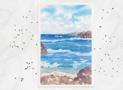 Rocks painting Seascape rocky coastline Original watercolor painting Seashore painting Painted postcard 4x6