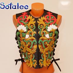 Chic Vest of genuine leather multicolored weaving plants flowers, perforation real leather waistcoat zippered summer.