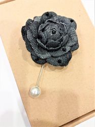 Black denim brooch, Denim flower lapel pin, Denim boutonniere, Denim wedding lapel pin, Denim rose brooch, Denim flower