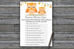 Sleeping Owl Nursery rhyme quiz baby shower game card,Owl Baby shower games printable,Fun Baby Shower Activity--366