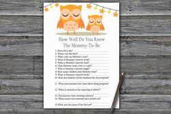 Sleeping Owl How well do you know baby shower game card,Owl Baby shower games printable,Fun Baby Shower Activity--366